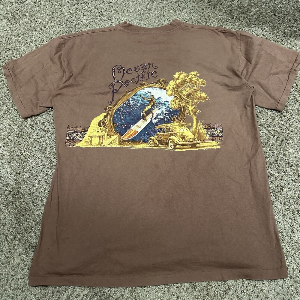 Vintage 90s Ocean Pacific Surfing Brown T Shirt Size L Graphic T Shirt